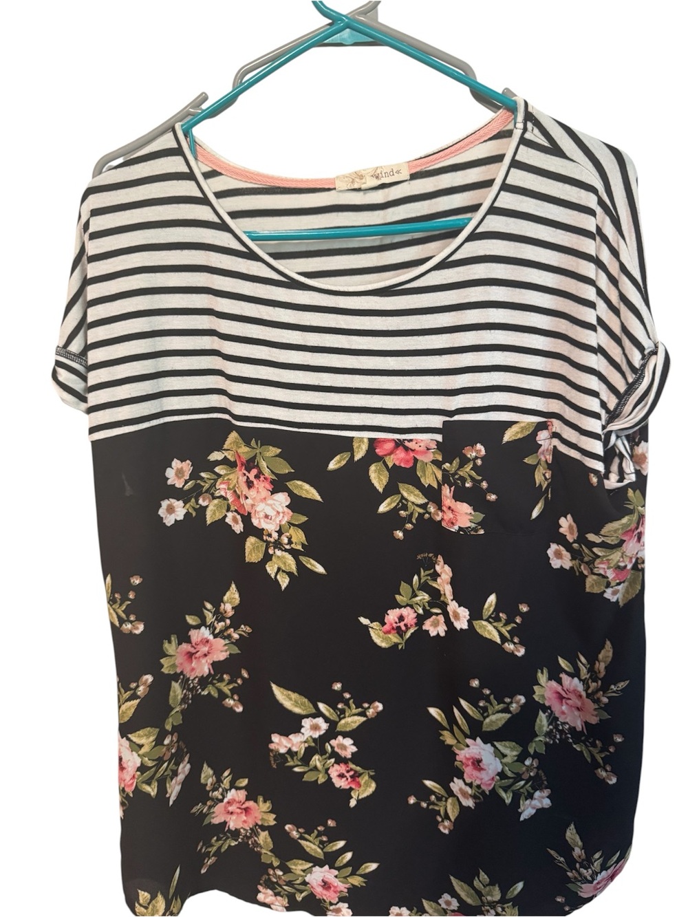 Rewind Black Striped Yoke Floral Short Sleeve Top